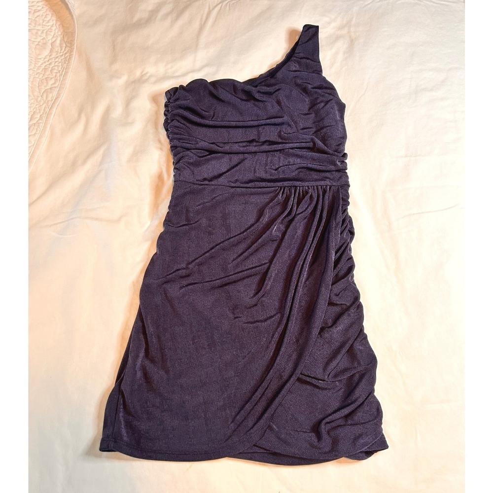 Lucy in the Sky Womens One Shoulder Ruched Mini Dress Blue  Shimmer Size S